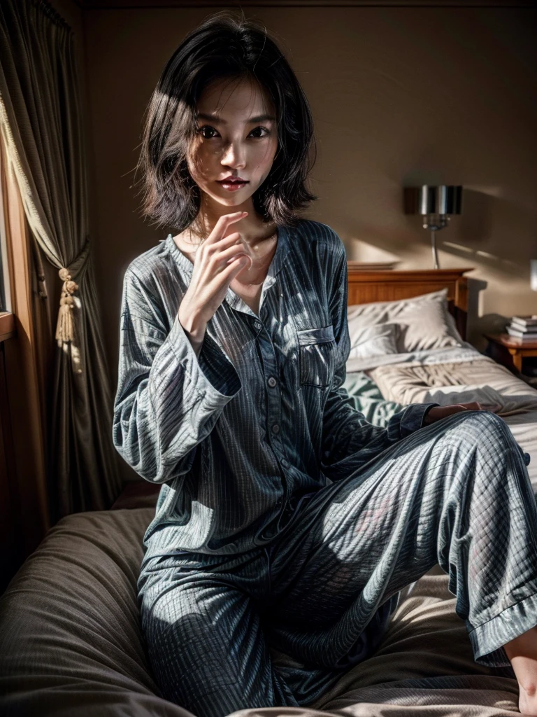 top-quality, masterpiece, 超A high resolution, 8K, Unripe, (photographrealistic:1.4), rendered, depth of fields, A slender, hospitals,Hospital room, detailed beautiful faces, 1 girl, cute little, young,, Large black eyes, Black Hair Bob,s Pajamas, (s Pajamas:1.3),White hospital uniform,raindrops,