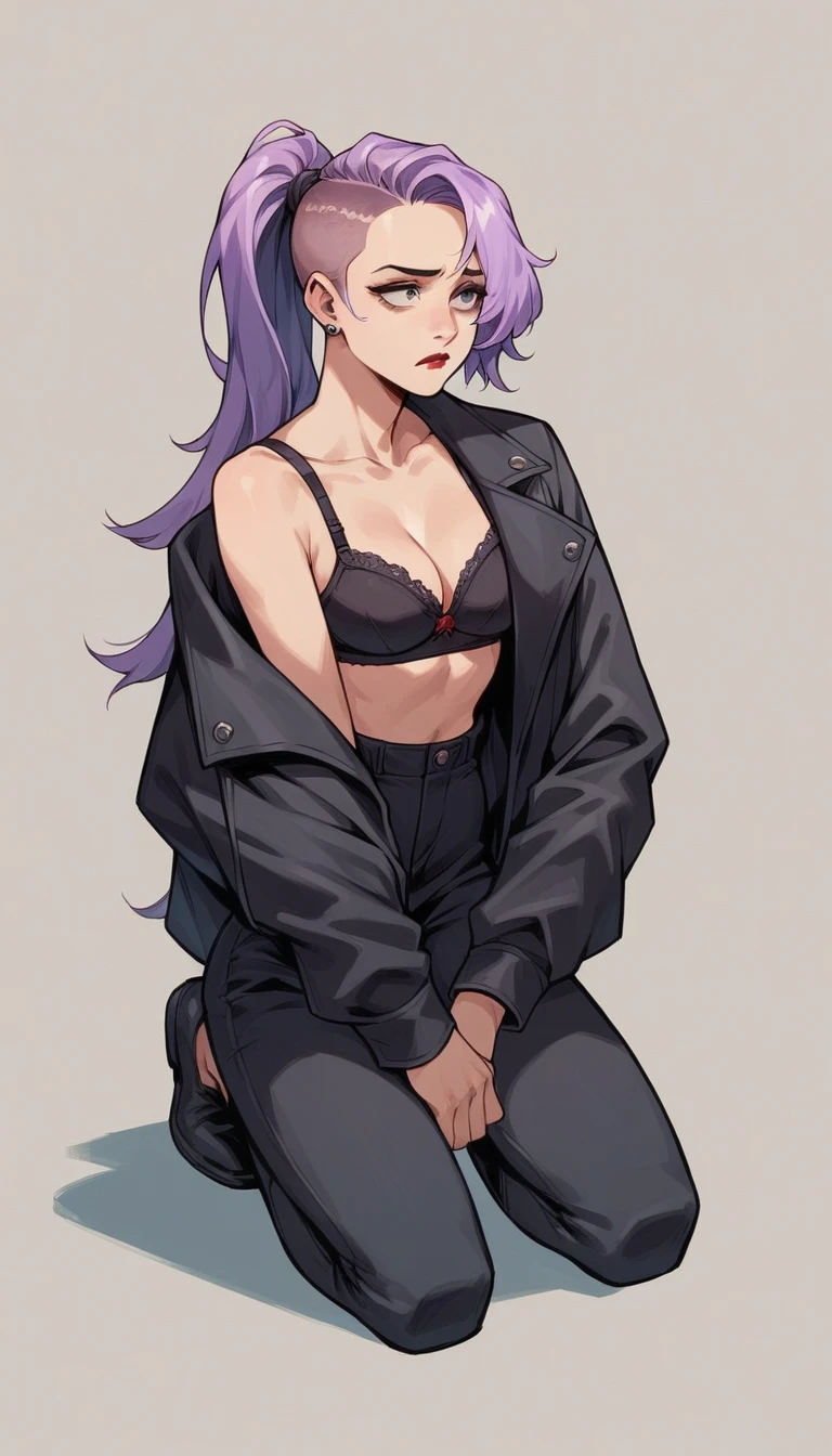 beautyful woman, lilac hair, red lipstick, sidecut hair, long hair, ponytail hair, kneeling, black bra, black jacket, black pants, concerned