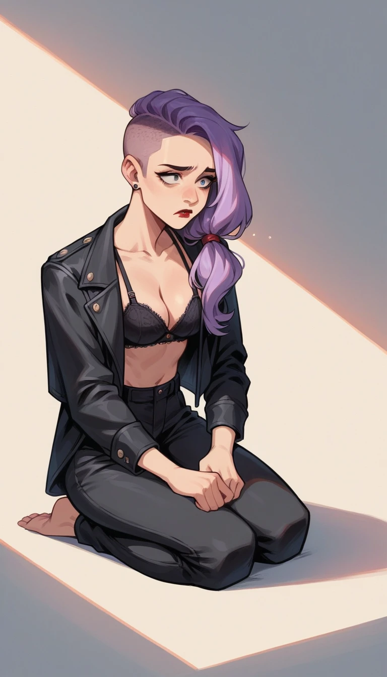 beautyful woman, lilac hair, red lipstick, sidecut hair, long hair, ponytail hair, kneeling, black bra, black jacket, black pants, concerned