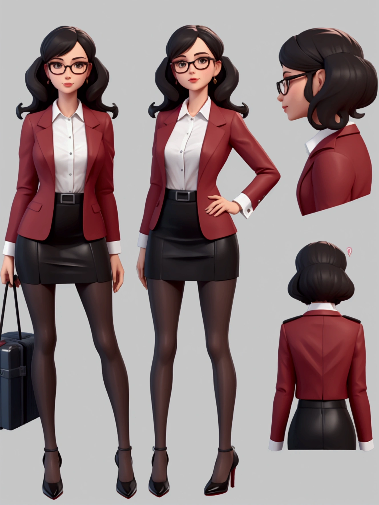 detailed character sheet of a female teacher with glasses,cute,sexy,rendered in 3d,zbrush,blender,easy to model,with accesories,dynamic pose,wearing a white collar blouse,wearing a tight tube black miniskirt,wearing pantyhose,long legs,waring high heel shoes,front,profile,three quarter,carrying a suitcase