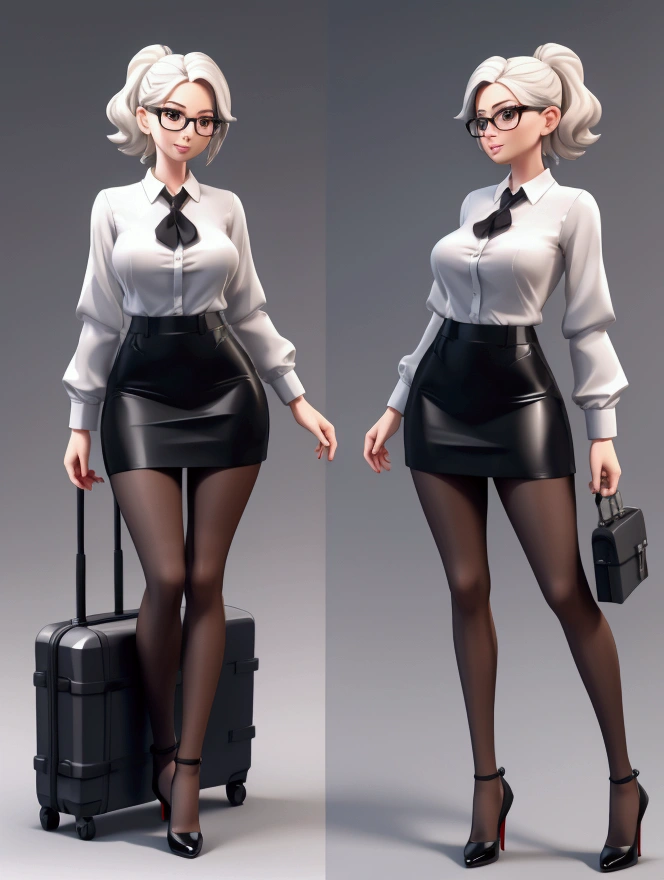 detailed character sheet of a female teacher with glasses,cute,sexy,rendered in 3d,zbrush,blender,easy to model,with accesories,dynamic pose,wearing a white collar blouse,wearing a tight tube black miniskirt,wearing pantyhose,long legs,waring high heel shoes,front,profile,three quarter,carrying a suitcase