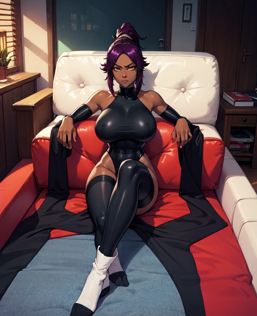 1girl, sofa, sitting, legs crossed, bodysuit, black bodysuit, bare arms, bare shoulders, (large breasts:1.2), yoruichi shihouin, dark skin, dark-skinned female, ponytail, purple hair, yellow eyes, (black leotard:1.4), thighhighs, full body, ((Leg Crossing ))