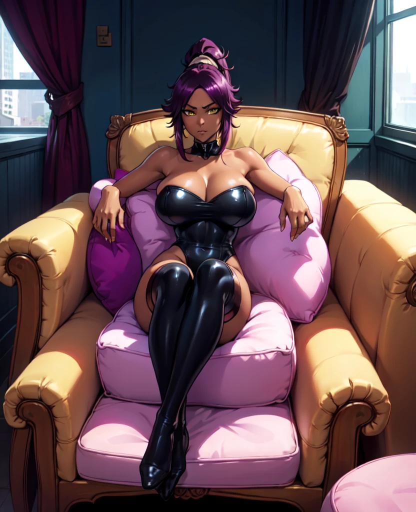 1girl, sofa, sitting, legs crossed, bodysuit, black bodysuit, bare arms, bare shoulders, (large breasts:1.2), yoruichi shihouin, dark skin, dark-skinned female, ponytail, purple hair, yellow eyes, (black leotard:1.4), thighhighs, full body, ((Leg Crossing ))