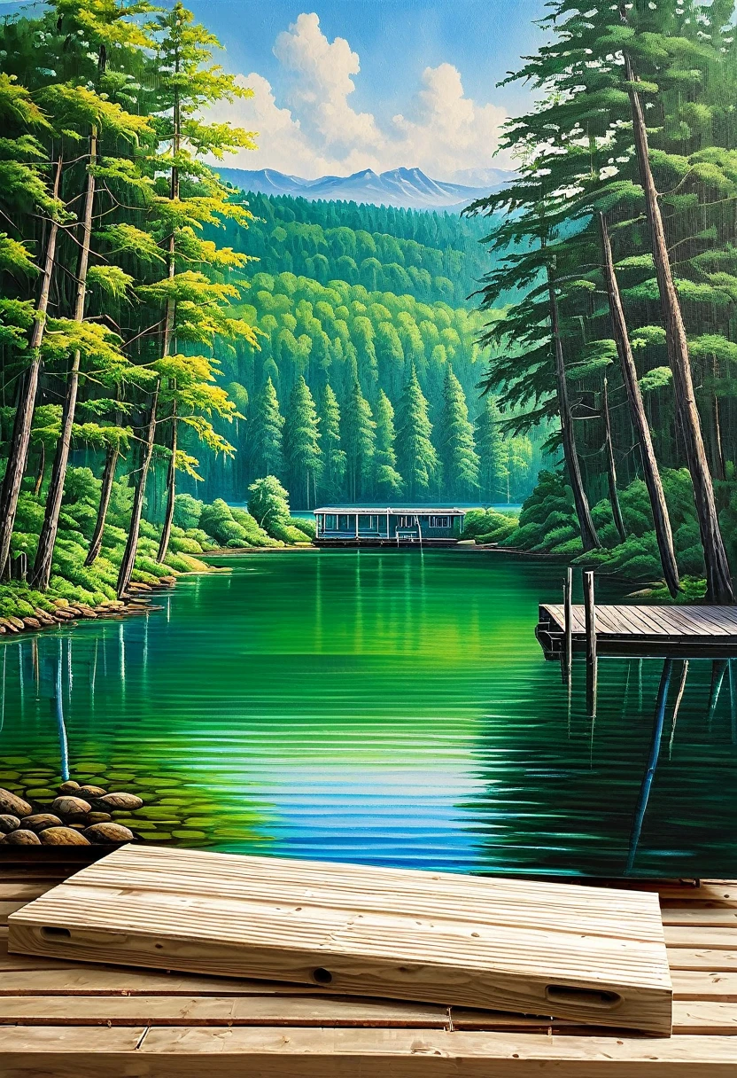 painting of a lake with a dock and forest in the background, detailed painting 4 k, beautiful art uhd 4 k, oil painting 4k, oil painting 4 k, 4 k oil painting, 8 k hd detailed oil painting, scenery artwork, detailed 4 k oil painting, detailed scenery —width 672, scenery art detailed, breathtaking masterpiece of art