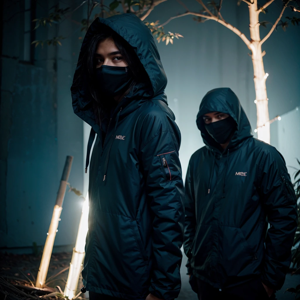 tree masked hooded young men color coridor neon liminal space cold light tamisé