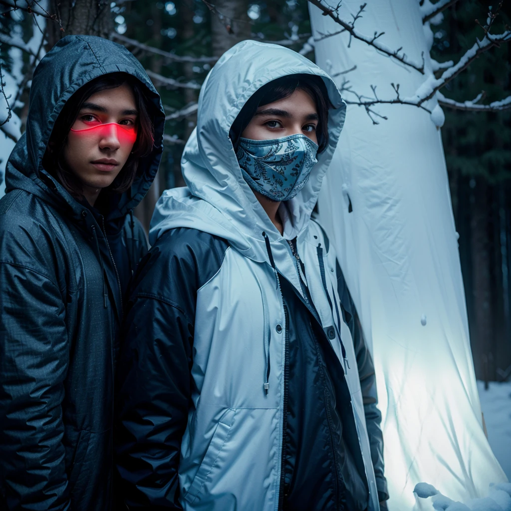 tree masked hooded young men color coridor neon liminal space cold light tamisé