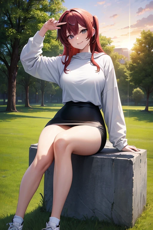 1girl, woman, sports bra, black pencil skirt, medium length skirt, sneakers, midriff, long hair, brown hair, full body, smile, garden