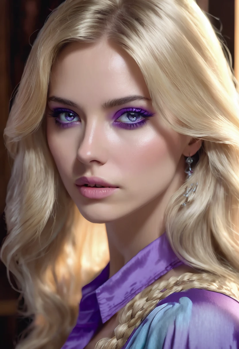 1 woman, inside a wooden mansion house, wearing a low-cut purple blouse, detailed facial features, detailed light blue feminine eyes, detailed light skin, long light blonde hair with a strand falling over one eye, soft lighting, serious expression on her face, cold cinematic composition, dark atmosphere, serious face, beautiful, delicate chin, beautiful and sensual woman, 25 years old.(best quality, 4K, 8K, high resolution, art: 1.2), ultra-detailed, (realistic, photorealistic, photorealistic: 1.37)