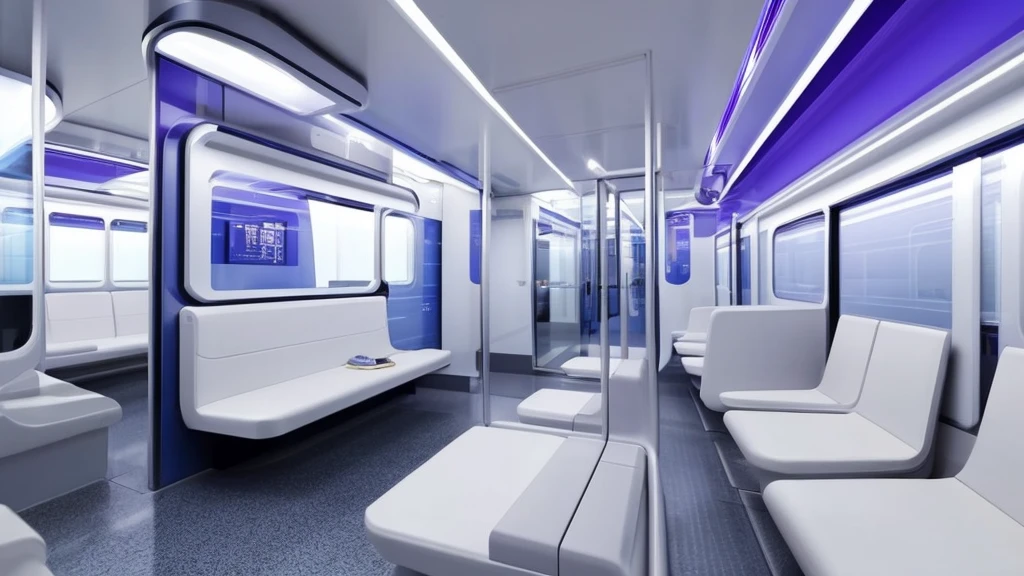 Futuristic train interior、Everything is in white(The walls too)、Long seats only
