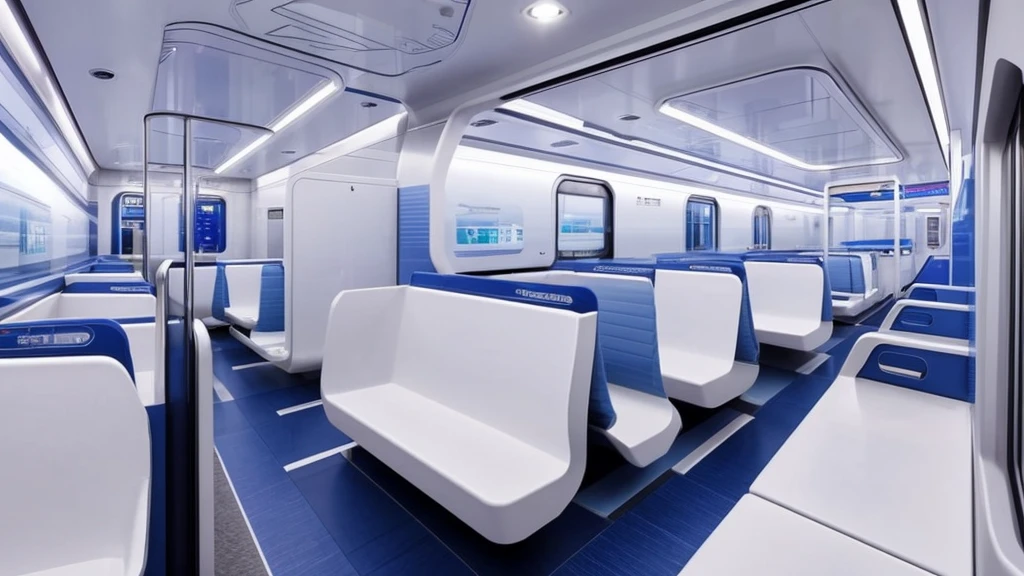 Futuristic train interior、Everything is in white(The walls too)、Long seats only