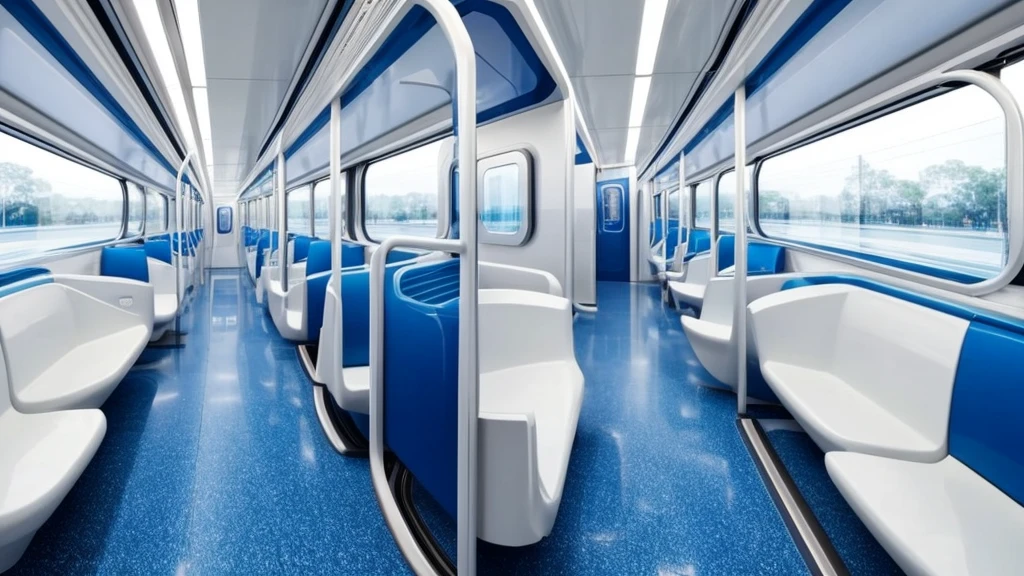 Futuristic train interior、Everything is in white(The walls too)、Long seats only