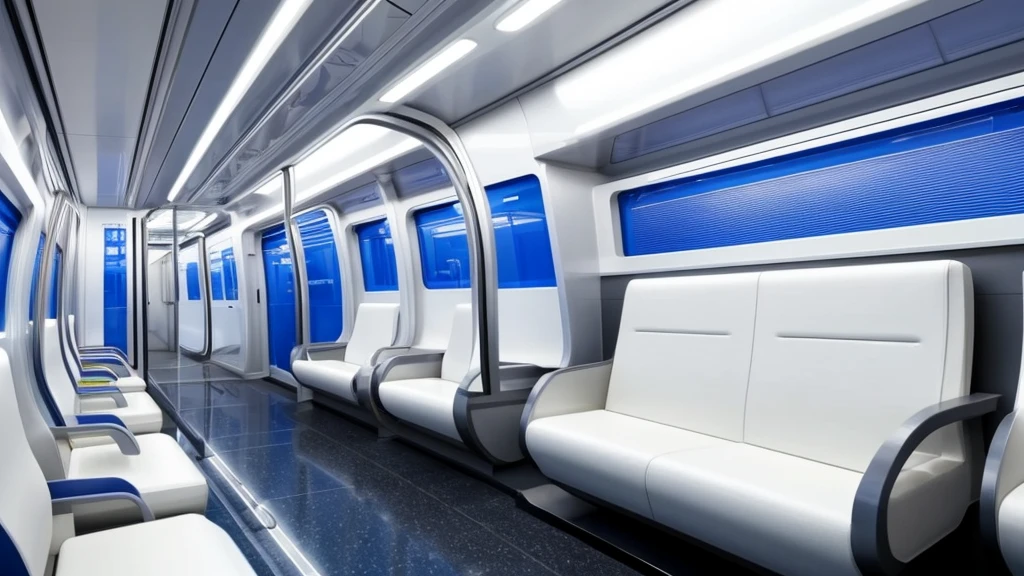 Futuristic train interior、Everything is in white(The walls too)、Long seats only