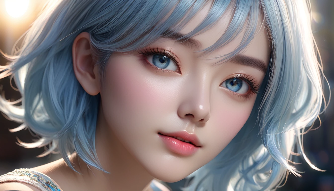 masterpiece, best quality, high quality, high definition, high quality texture, high quality shadow, high detail, beautiful detailed, finely detailed, extremely detailed cg, detailed texture, a realistic representation of the face, realistic, colorful, delicate, cinematic light, side lighting, Lens Flare, ray tracing, sharp focus, (1girl, __focus__:1.3), (intricate details, makeup, PureErosFace_V1:0.5), (beautiful delicate face detailed, Beautiful detailed delicate eyes, a face of perfect proportion, detailed high skin, detailed skin, best ratio four fingers and a thumb, arms under the chest, wide hips, smooth midriff, slim and thin, light blue hair: 1.3), location of the bar