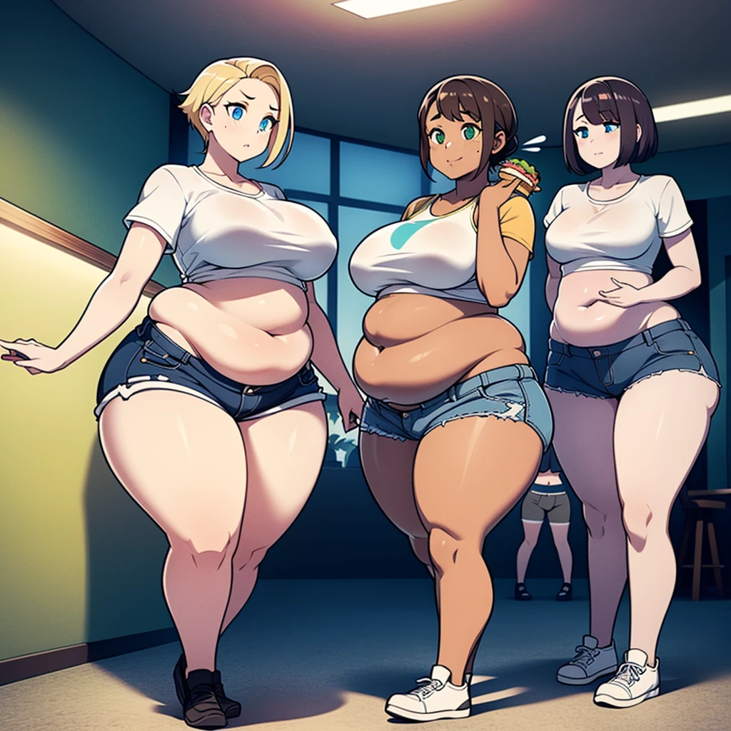 ((highres)), Masterpiece, high quality, best quality, beautiful, perfect lighting, detailed face, ultra cute face, (((3girls))), one girl has blonde hair, blue eyes, crop top and shorts , one girl has brown hair, green eyes, jeans, white shirt, tight clothes, one girl has, Short black hair, brown eyes, crop top and shorts full body, fast food restaurant, , ((wide )), ((thick thighs)), ((plump)), chubby belly, fat folds, belly hang, standing, touching each other,