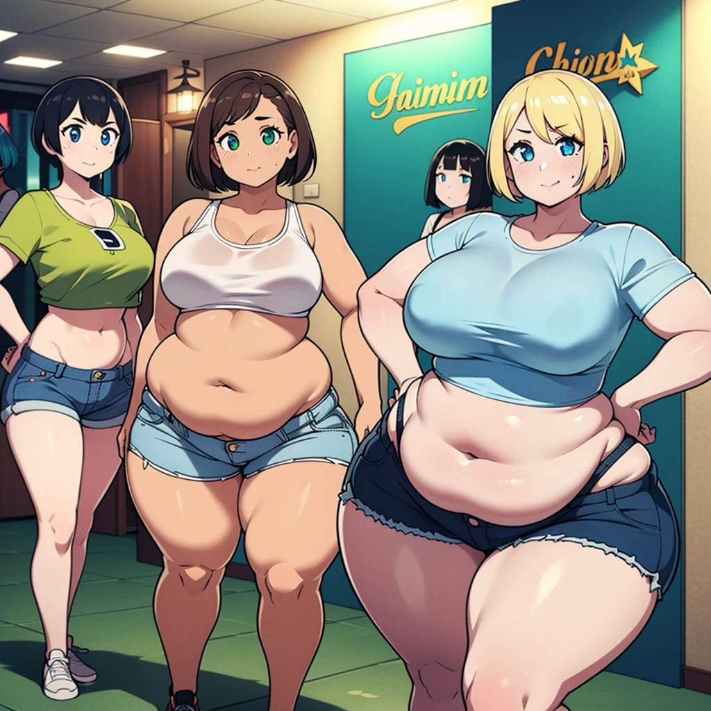 ((highres)), Masterpiece, high quality, best quality, beautiful, perfect lighting, detailed face, ultra cute face, (((3girls))), one girl has blonde hair, blue eyes, crop top and shorts skindentation, one girl has brown hair, green eyes, jeans, white shirt, tight clothes, one girl has, Short black hair, brown eyes, crop top and shorts full body, fast food restaurant, medium breasts, ((wide hips)), ((thick thighs)), ((plump)), chubby belly, fat folds, belly hang, standing, touching each other,