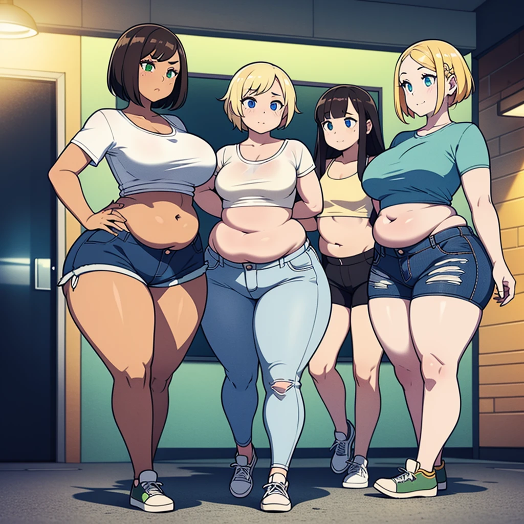 ((highres)), Masterpiece, high quality, best quality, beautiful, perfect lighting, detailed face, ultra cute face, (((3girls))), one girl has blonde hair, blue eyes, crop top and shorts , one girl has brown hair, green eyes, jeans, white shirt, tight clothes, one girl has, Short black hair, brown eyes, crop top and shorts full body, fast food restaurant, , ((wide )), ((thick thighs)), ((plump)), chubby belly, fat folds, belly hang, standing, touching each other,