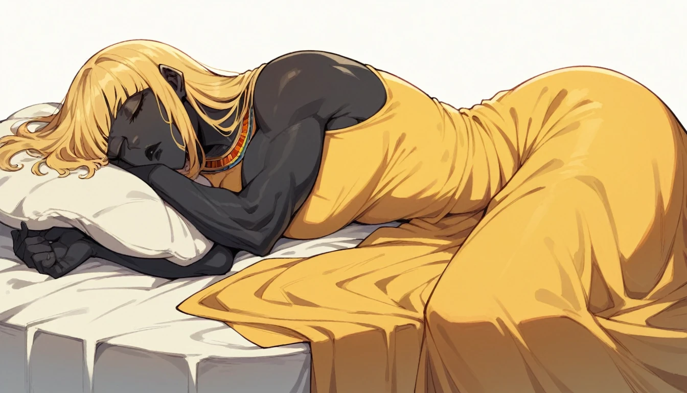 black buff woman, tall woman, black skin, strong body, buff arms, long fringe hair, blonde hair, blonde fringe hair, golden scales, black lips, yellow dress, egypt hair, in bed, sleeping, white background