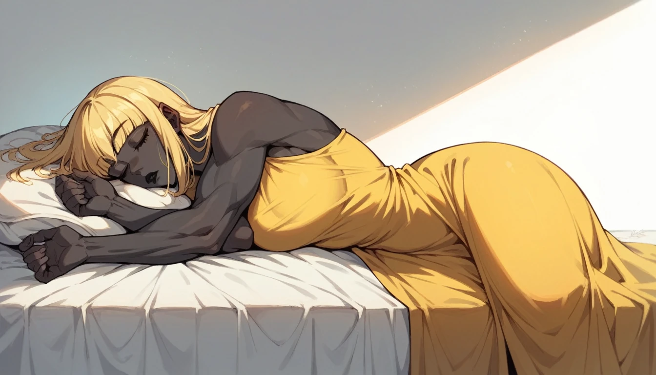 rating_explicit, black buff strong woman character, muscle arms, muscle body, buff body, tall woman, black skin, full black skin, strong arms, long fringe hair, blonde hair, blonde fringe hair, fringe hair, dragon scales in body, black lips, egypt hair, milf, morning, lying, reading a book, mature woman, golden bra, golden panties
