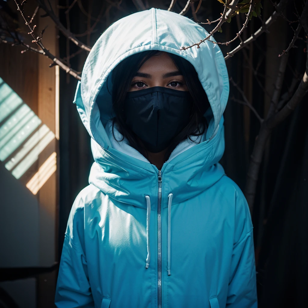 tree masked hooded young men color coridor neon liminal space cold light tamisé
