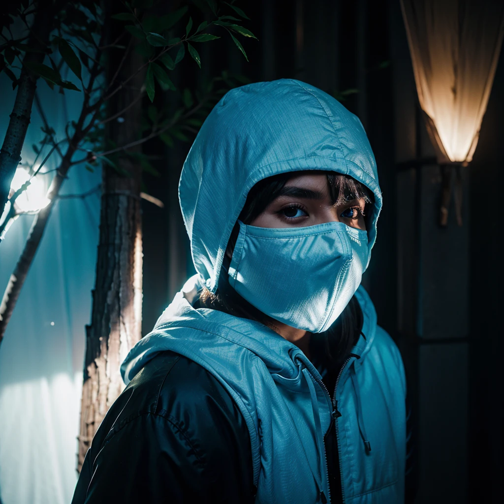 tree masked hooded young men color coridor neon liminal space cold light tamisé