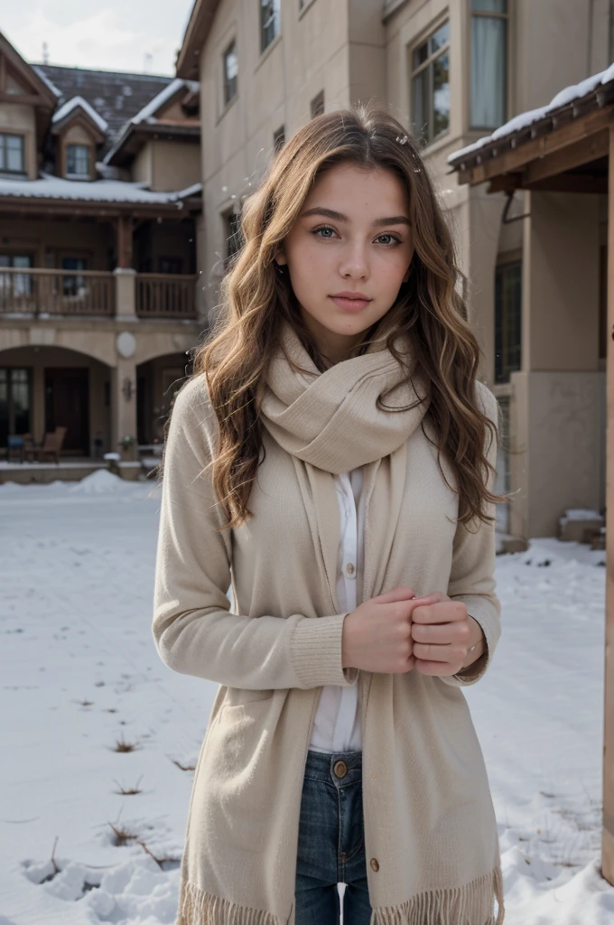 European girl with blonde hair, light eyes, slim fit, Brazilian influencer, very sexy wavy hair, , in front of a mansion in the United States on a snowy day, wearing a scarf/Long Polyester Scarf With Fringes / Lisa Simple Autumn and Winter / Scarf Warms Your Neck