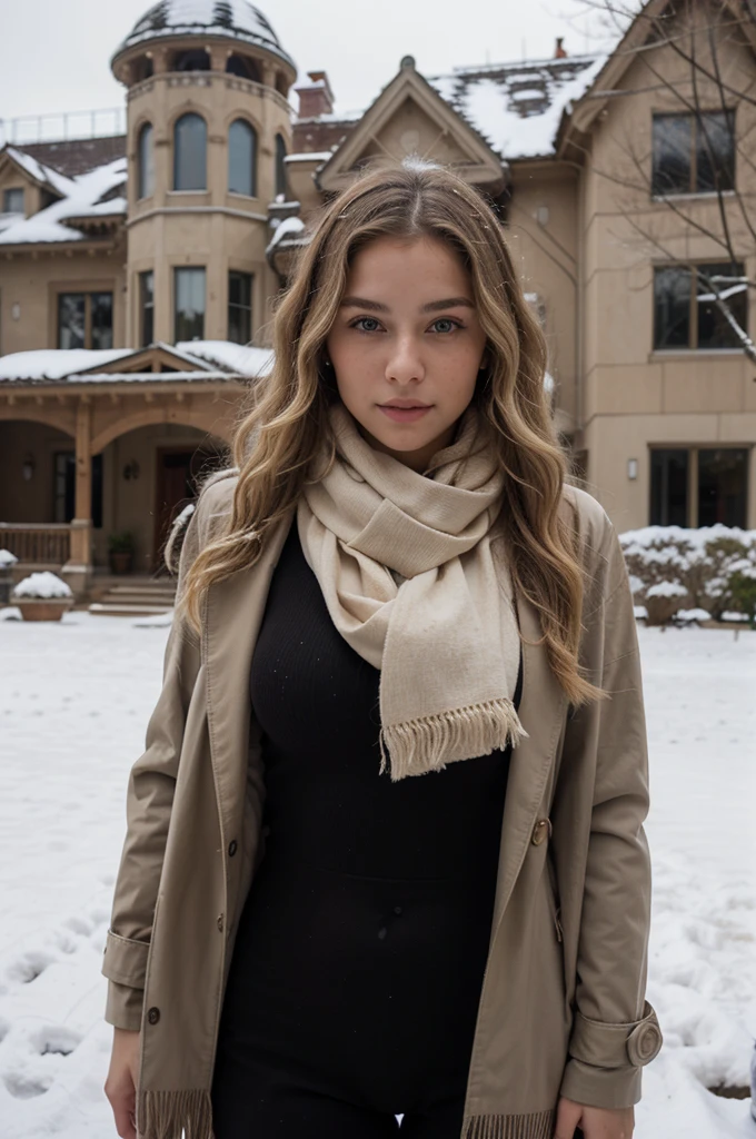 European girl with blonde hair, light eyes, slim fit, Brazilian influencer, very sexy wavy hair, 16 years old, in front of a mansion in the United States on a snowy day, wearing a scarf/Long Polyester Scarf With Fringes / Lisa Simple Autumn and Winter / Scarf Warms Your Neck