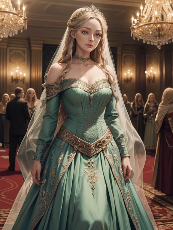 a beautiful woman in a long tight silver ball gown dress, Eowyn from the Lord of the Rings, exquisitely detailed portrait, detailed facial features, striking emerald green eyes, delicate facial structure, elegant hairstyle, dramatic ballroom setting with ornate chandeliers, luxurious interior, dramatic lighting, photorealistic, highly detailed, intricate fabric textures, shimmering satin, accentuating her figure, cinched waist, graceful pose, regal bearing, fantasy, digital art