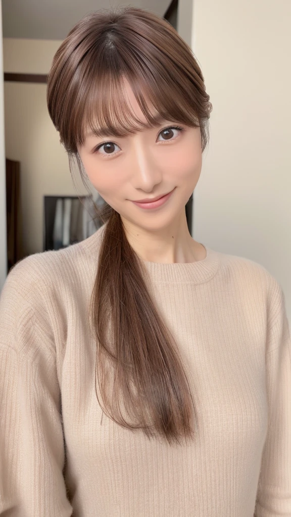 ((Best Quality, 8K, Masterpiece: 1.3)), 1 Girl, Skinny Japanese woman, 30 years old, Slim Abs Beauty: 1.3, (Hairstyle Brown Hair Shortcut, Big: 1.2), Dress: 1.1, Super Slender Face, Delicate Eyes, Double Eyelids, Smile, Home, Raw Photo