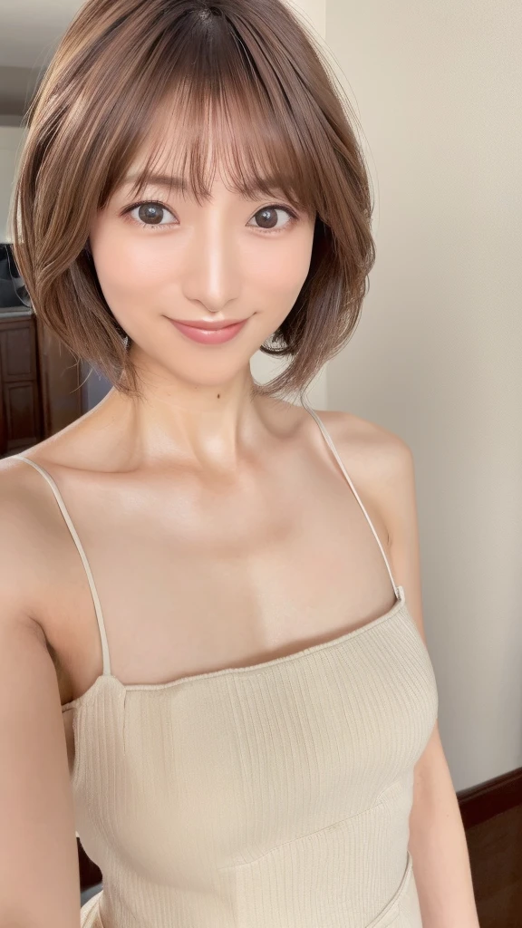 ((Best Quality, 8K, Masterpiece: 1.3)), 1 Girl, Skinny Japanese woman, 30 years old, Slim Abs Beauty: 1.3, (Hairstyle Brown Hair Shortcut, Big: 1.2), Dress: 1.1, Super Slender Face, Delicate Eyes, Double Eyelids, Smile, Home, Raw Photo