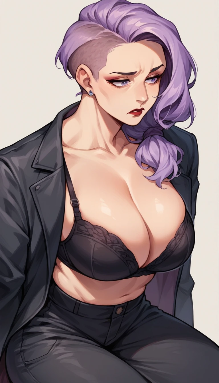 beautyful woman, lilac hair, red lipstick, sidecut hair, long hair, ponytail hair, kneeling, black bra, black jacket, black pants, concerned, , matu