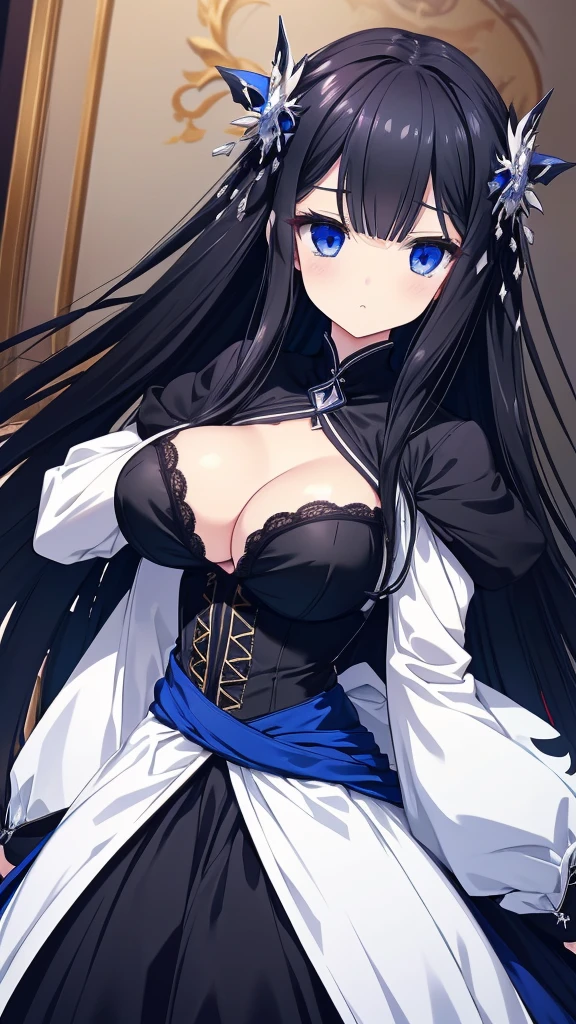 best quality, extremely detailed,anime style girl,long hair down to the waist, straight hair, ((dark black hair with bluish)),braid,beautiful detailed eyes, pinched eyes, (dark blue eyes),huge breasts,curvy,fantasy white costumes,hair ornament,Luxurious room,cool expression,((action scene))