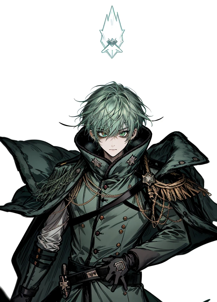 1boy ,blue-green hair, blue-green eyes, arctic military,polar, general, cape, fleece, nice clothes, (high resolution, high detail, best quality),calm, sword