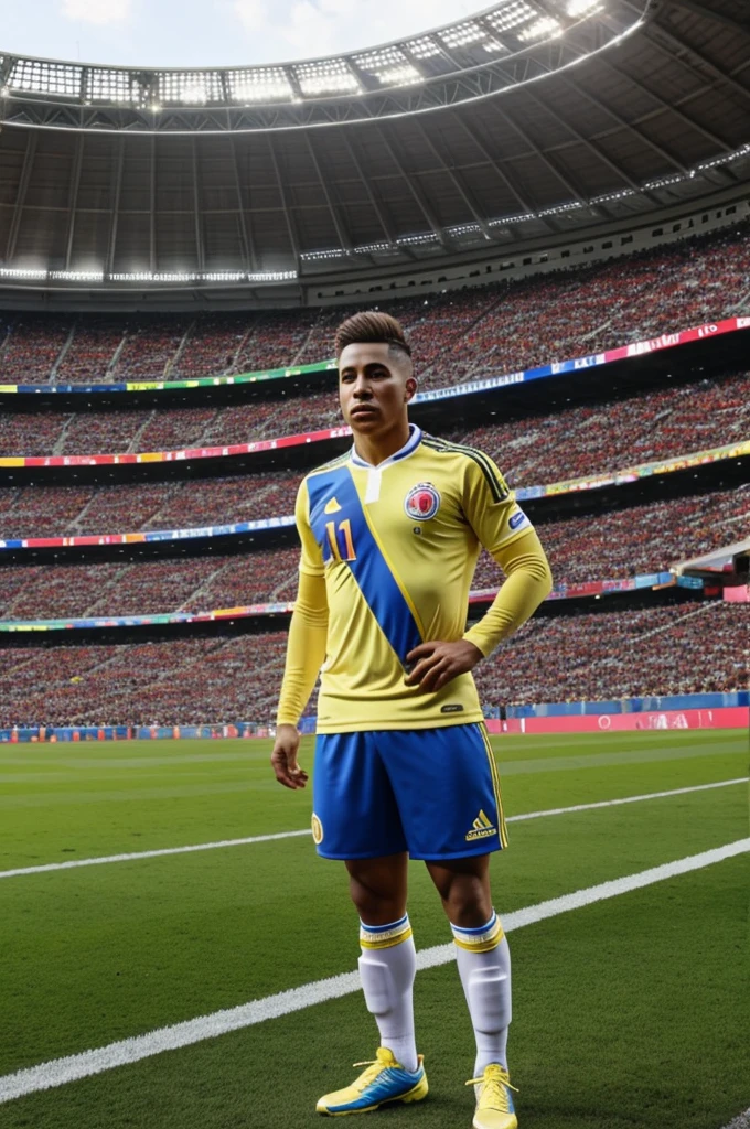 Cuy with Colombia uniform standing in a stadium.