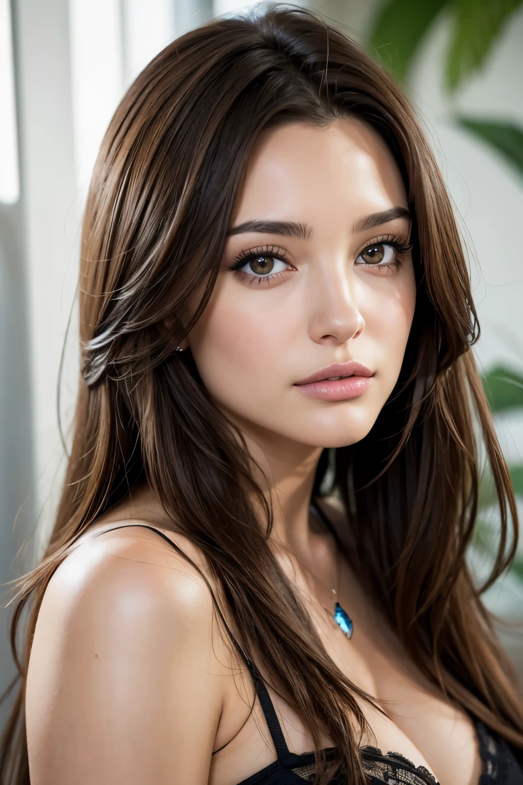 portrait jolie BRUNETTE DE 24 ANS (yeux bleux) latina pulpeuse avec un regard profond tres realiste 