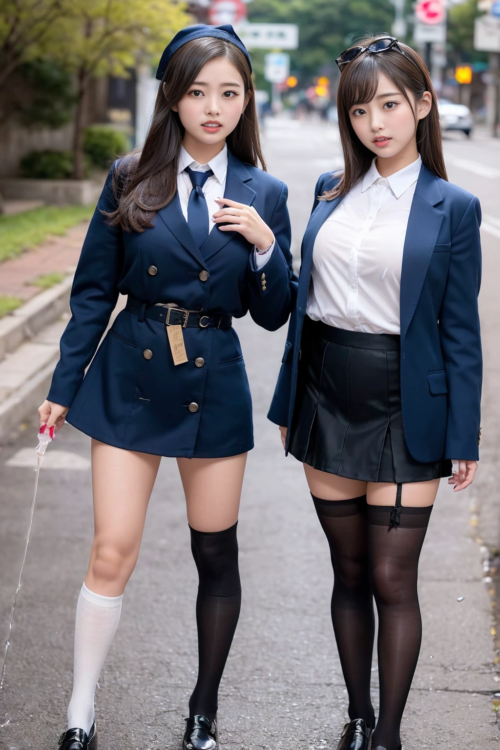 Ultra HD、Ultra delicate、8K shooting、((Full body shot of two people standing facing each other))、Street Snap、((童顔でtallの股にfutanariペニス付きの白ギャル2人))、Central View、Female A;(Standing upright, one big(Ejaculation)Woman with penis:1.8)、Female B;(Standing upright, one big(Ejaculation)Woman with penis:1.8)、(((Ejaculating penis popping out of a mini skirt)))、((Female AからFemale Bへ精子を発射しています))、Scattered sperm、(Ejaculation competition)、(Ejaculation Battle)、Exposed real penis、(((Projectile ejaculation)))、((Milk squirts straight from penis))、((A girl in a uniform with a penis spewing semen from her crotch))、(With a and a micro mini skirt((tall))Sexy gal3I have 1 sister.)、((3 Dickgirls))、Amazingly cute Dickgirl 、Cat ears headband、Blonde、Brown Hair、skinny fit uniform、Winter clothes、Japanese school black uniform、(Large G-cup breasts)、(Her shirt is open at the chest, exposing her cleavage)、Shirts and sweaters are short and expose the waist、Wearing a navy blue uniform、Esbian all over、Nice skin、Glowing Skin、Nice thighs、((Long legs))、((Wide thighs))、Lifted((Micro Mini Skirt))、With garter、(Black knee-high socks)、(((Everyone)(I always wear black thigh-high socks that reach above my knees.)))、(I'm wearing very high heel loafers)、Nogizaka Idol、Korean Idol、Inviting you in、Inviting eyes