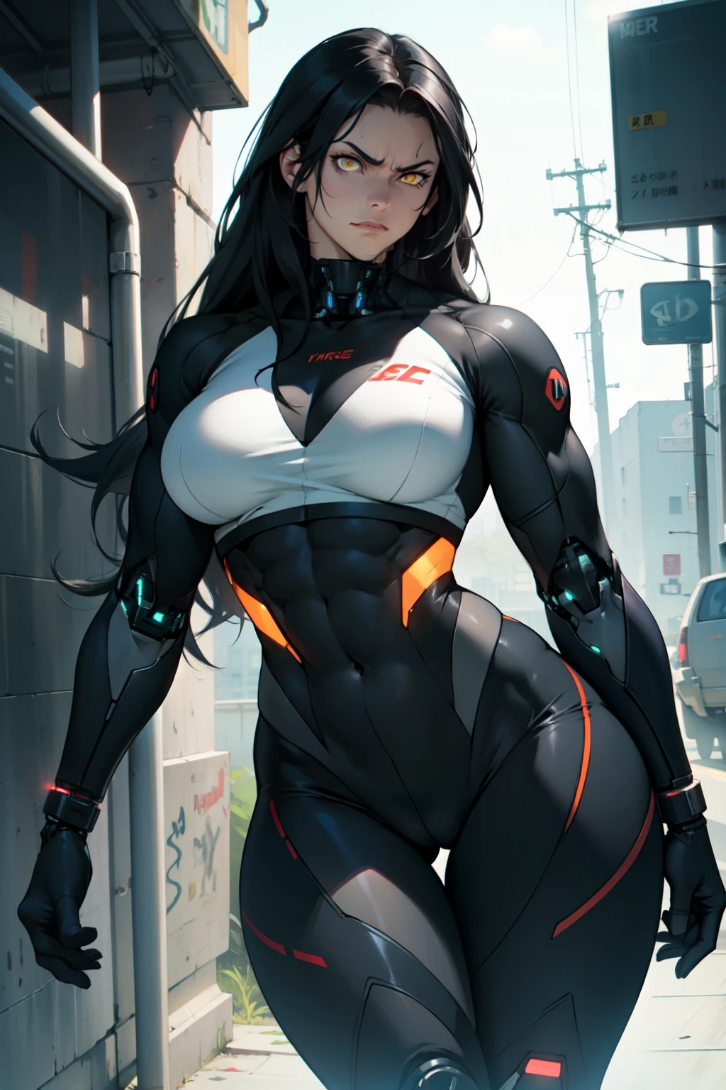 woman in muscular ai suit big tits metriod suit angry face