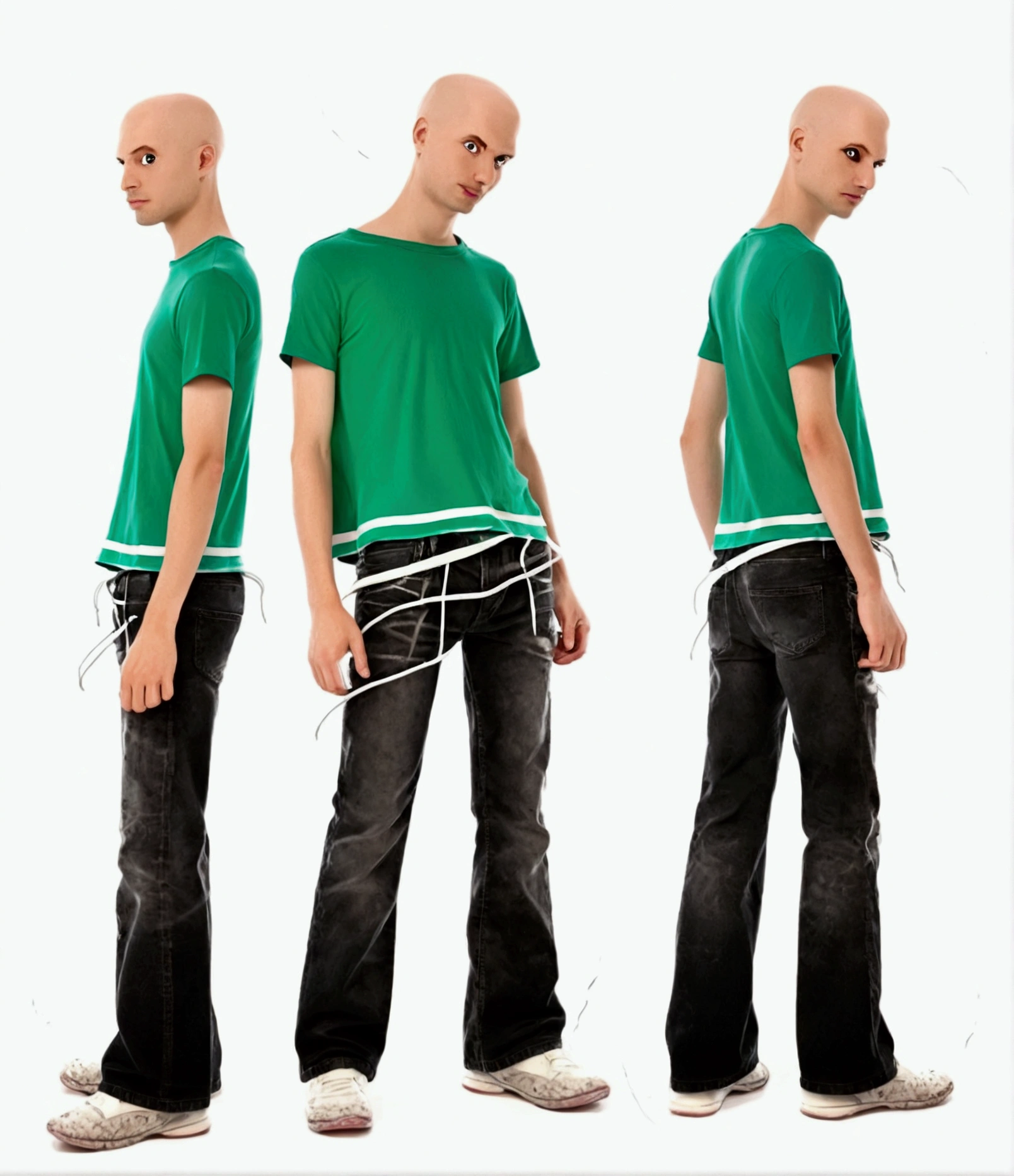 a boy character sheet, head view from different angles, eight different angles boy has black hair black eyes wearing white shirt and blue pants , masterpiece, year 2000s fashion, y2k