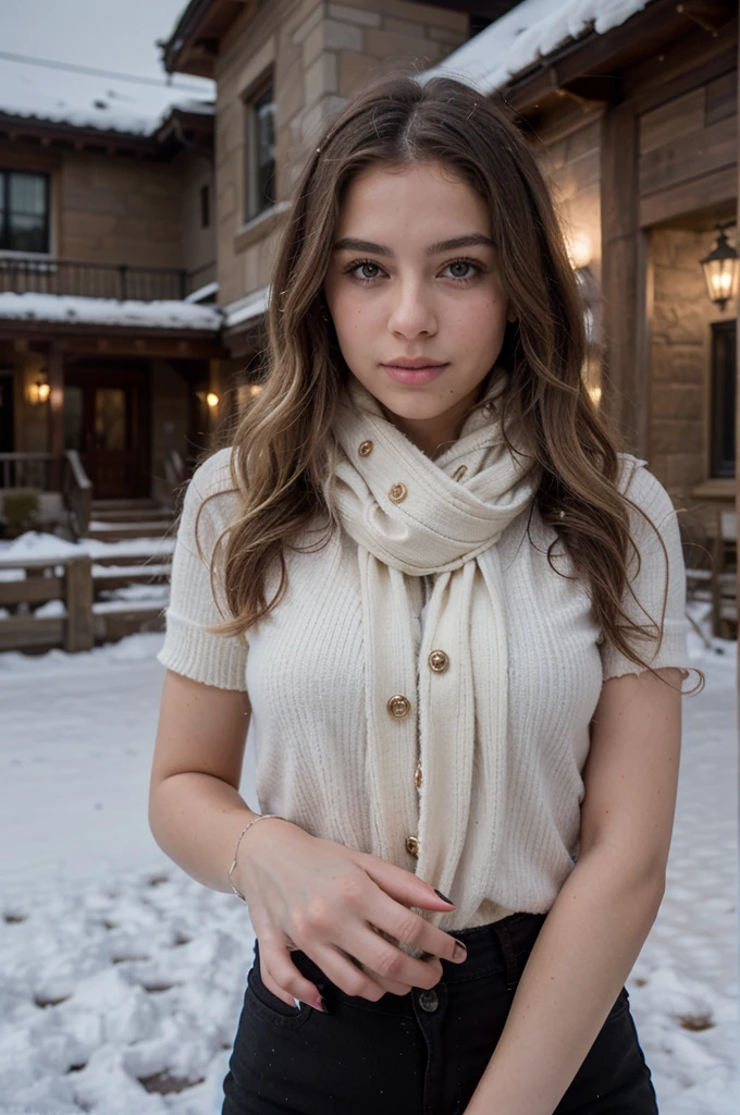 European girl with blonde hair, light eyes, slim fit, Brazilian influencer, very sexy wavy hair, 16 years old in front of a mansion in the United States on a snowy night wearing a scarf/Long Polyester Scarf With Fringes / Lisa Simple Autumn and Winter / Scarf Warms Your Neck