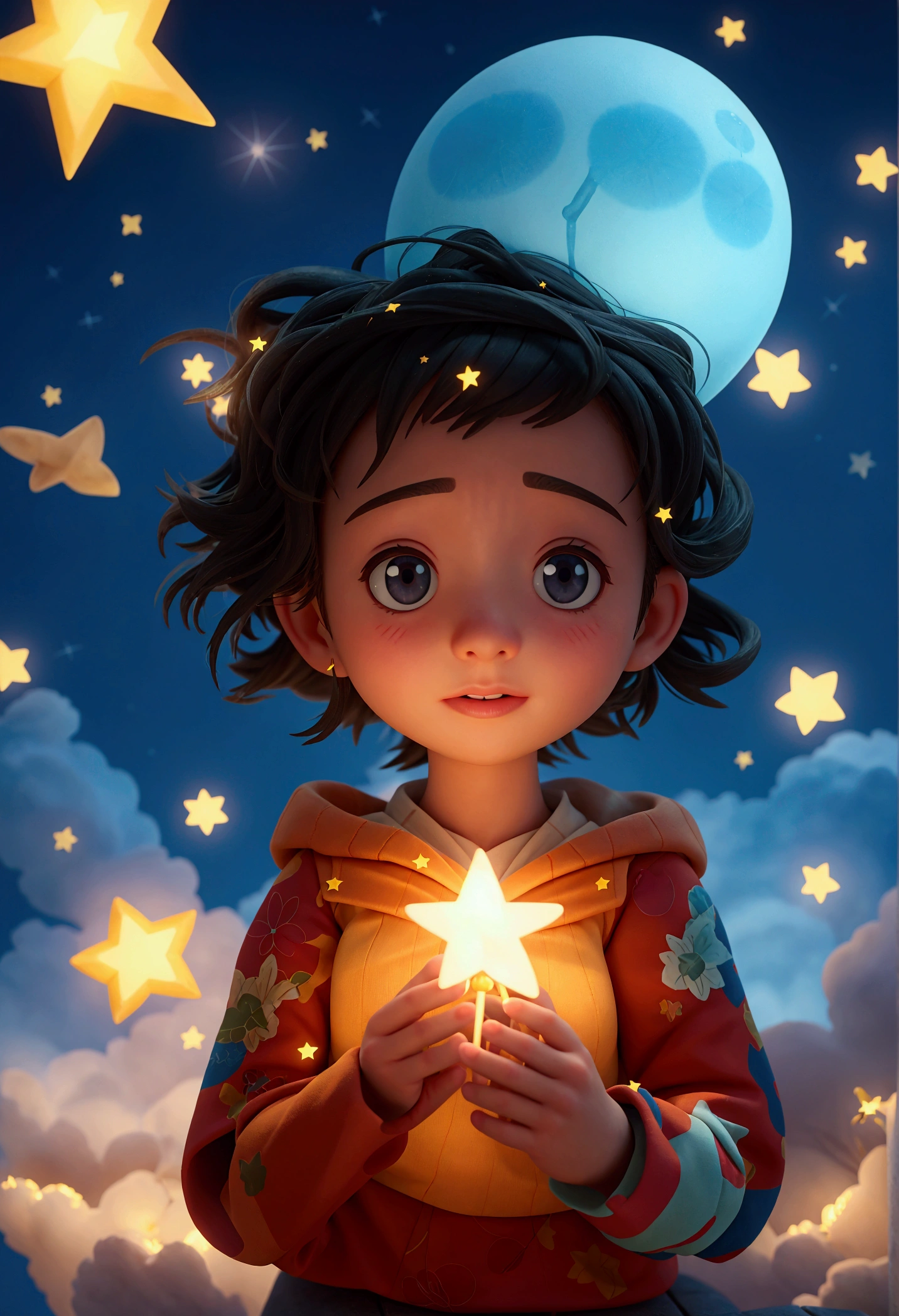 A birthday girl looking up at the sky with hopeful eyes, making a wish upon a shooting star.