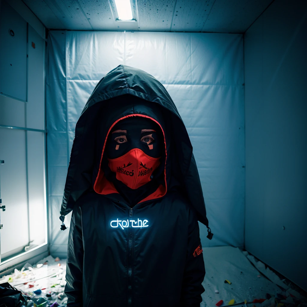 tree masked hooded young men color coridor neon liminal space cold light tamisé waste room