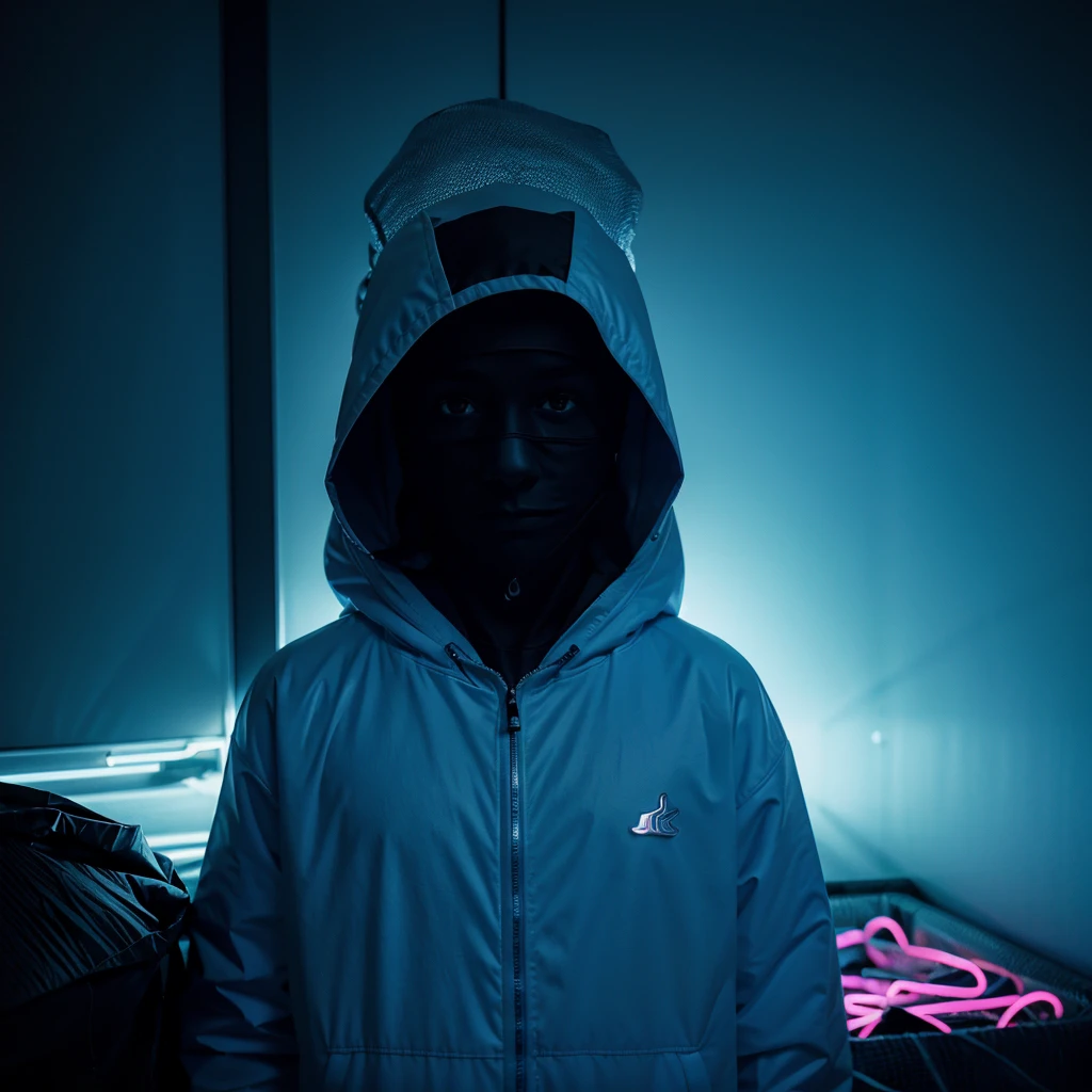 tree masked hooded young men color coridor neon liminal space cold light tamisé waste room