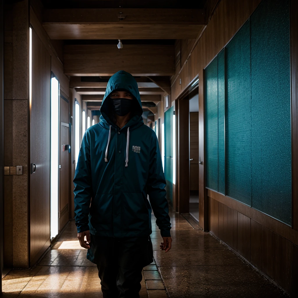 tree masked hooded young men color coridor neon liminal space cold light tamisé corridor