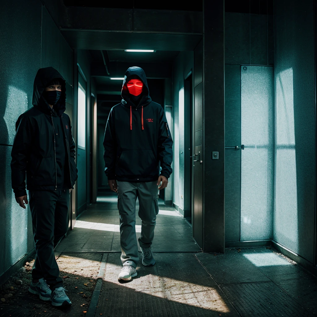 tree masked hooded young men color coridor neon liminal space cold light tamisé corridor