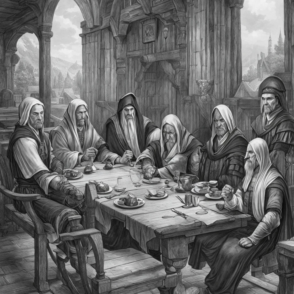Four men sitting in a medieval inn, white and black, pencil draw, sketch, style of Anne Stokes, by Anne Stokes, white cloak, trees on background, no pupils, angry, white hair, high detail, from above, panorama, anatomically correct, super detail, high quality, best quality, highres, 4K