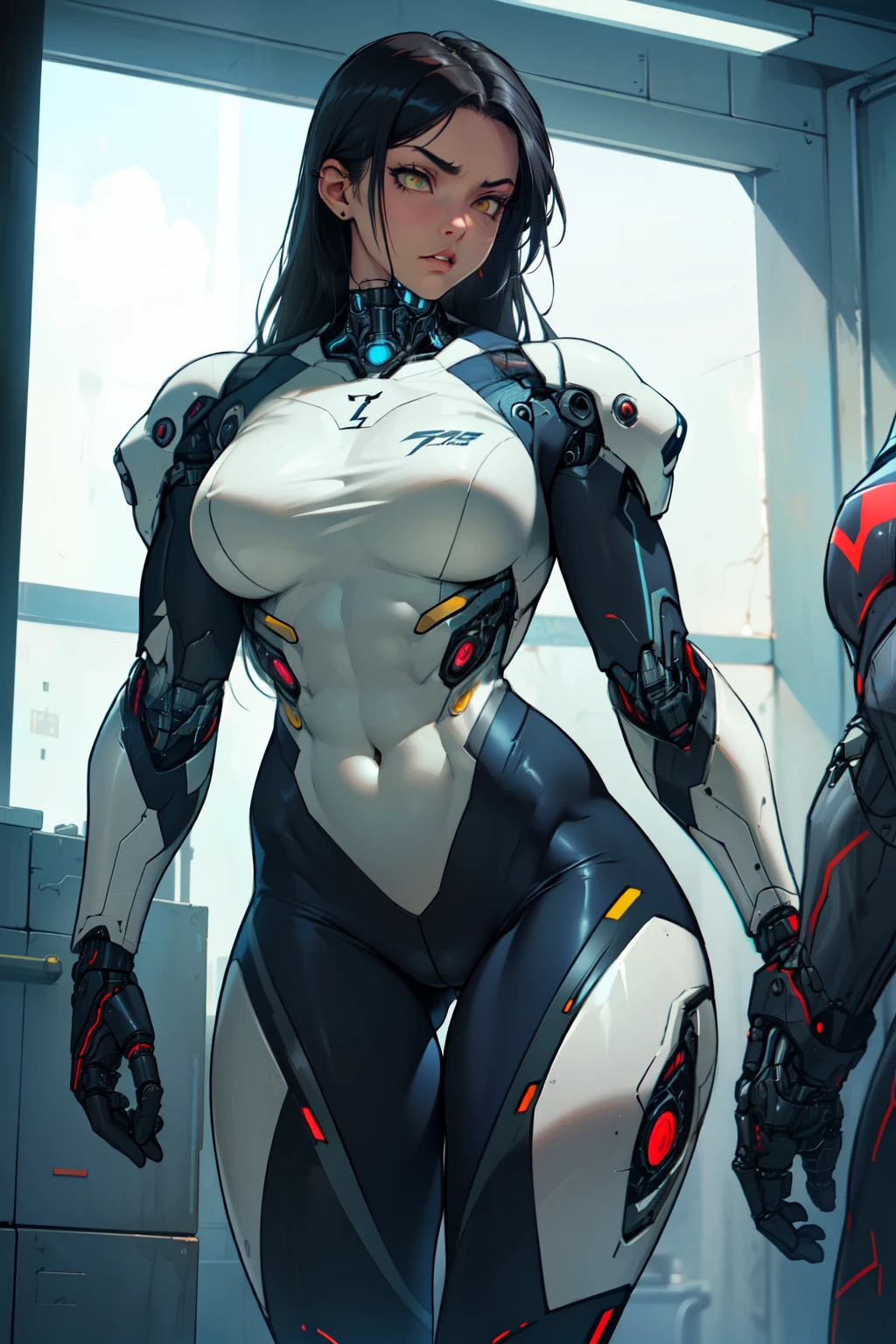 1girl muscular toned body bodybuilder curvy wide hips thick thighs huge black hair yellow eyes very long hair pale skin angry curvy (((cybernetic suit))) (((cybernetic suit))) (((cybernetic suit))) (((cybernetic suit))) (((cybernetic suit))) (((cybernetic suit))) (((cybernetic suit))) (((cybernetic suit))) thick thick thick thick