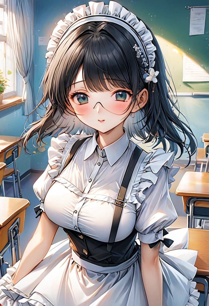 Maid headdress, (White shirt), Ruffled shirt, (White ruffled apron), White short sleeve, Puff sleeves, cleveage), cuff, White ruffled necklace with black strap, Lovely, ****, Black long hair, Large Breasts,classroom