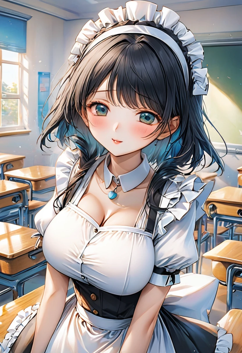 Maid headdress, (White shirt), Ruffled shirt, (White ruffled apron), White short sleeve, Puff sleeves, cleveage), cuff, White ruffled necklace with black strap, Lovely, ****, Black long hair, Large Breasts,classroom