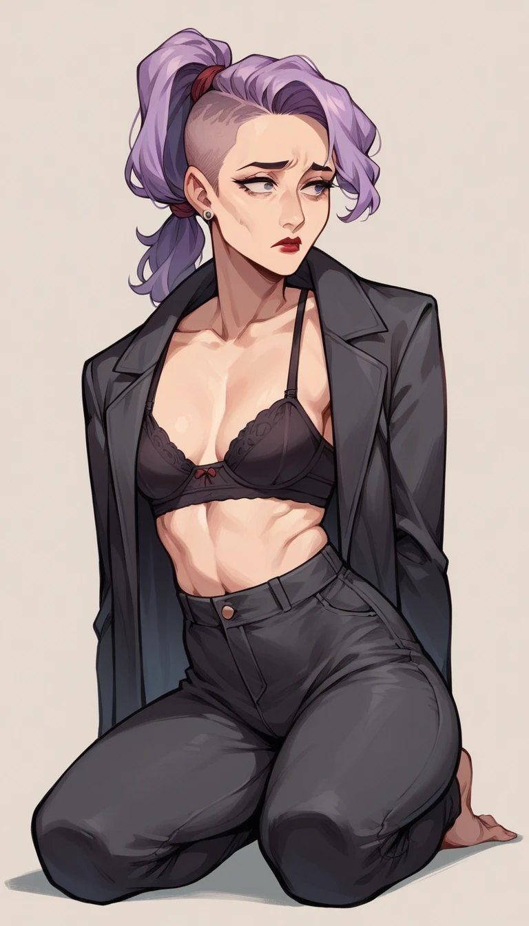 beautyful woman, lilac hair, red lipstick, sidecut hair, long hair, long ponytail hair, black bra, black jacket, black pants,, milf, mature, slender body, small breasts, mature face,in a hurry, tense, quarrel