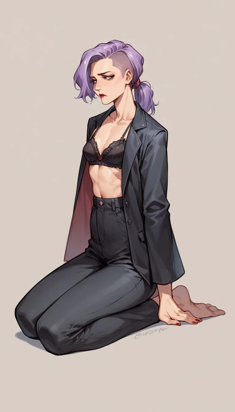 beautyful woman, lilac hair, red lipstick, sidecut hair, long hair, ponytail hair, kneeling, black bra, black jacket, black pants, concerned, milf, mature, slender body, small breasts, mature face
