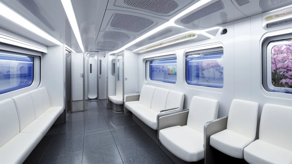 White futuristic train interior、Everything is in white、White wall、White long seats only、